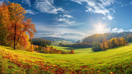 Enchanting autumn landscape. sunny rural panorama with vibrant colors and idyllic charmの素材