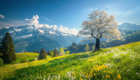 Sunny alpine spring landscape high quality image of blooming meadows in the idyllic alpsの素材