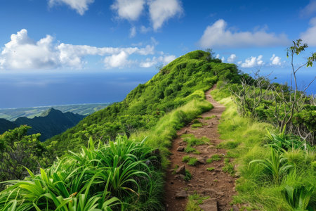 Tranquil mountain peak with verdant trail, under clear blue sky, surrounded by lush greeneryの素材