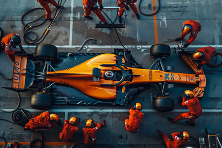 High octane formula 1 pit stop maintenance with swift team performing car maintenanceの素材