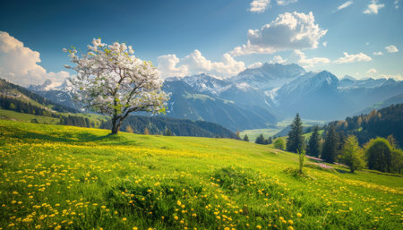 Sunny day in the alps idyllic spring mountain landscape with vibrant blooming meadowsの素材