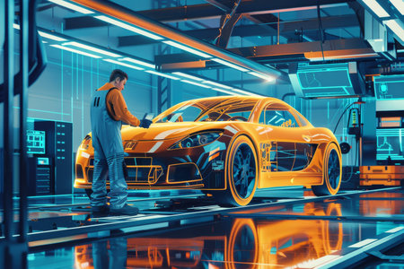 Automotive engineer utilizing cutting edge technology at futuristic car assembly lineの素材