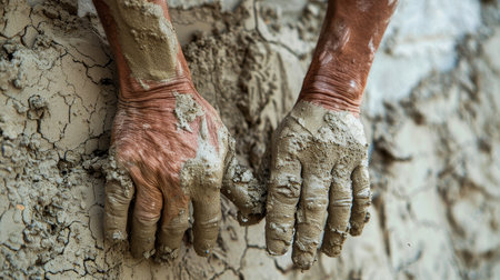 Skilled construction worker building house wall with hands in high quality imageの素材