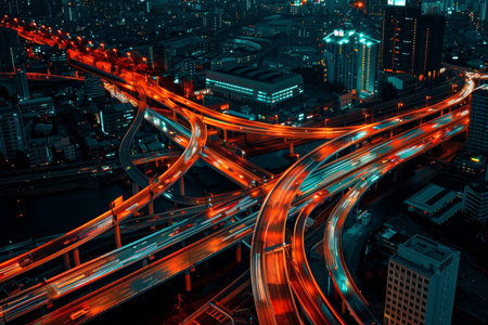 Urban night scene with expressway traffic over intersection road, car transportation in cityscapeの素材
