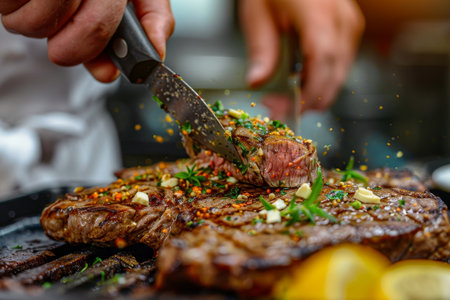 Chef cooking grilled steak in creamy butter lemon or cajun sauce with herbs for gourmet dishの素材