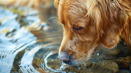 Close-up image of adorable golden retriever dog drinking water in high quality photographyの素材