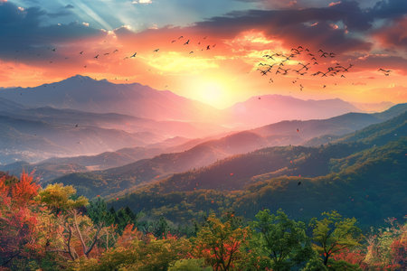 Vibrant sunset panorama colorful forest, village, and birds soaring over mountain rangeの素材