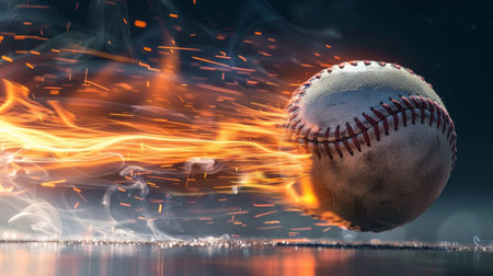 Baseball ball with fiery trail hurts at high speed towards batter in dramatic pitchの素材