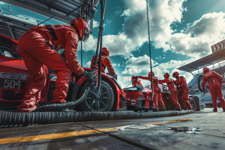 Efficient pit crew in action as race car enters pit lane for pitstop, showcasing ultimate teamworkの素材