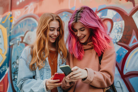 Cheerful friends sharing content on mobile phones, embracing social media and friendship connectionの素材