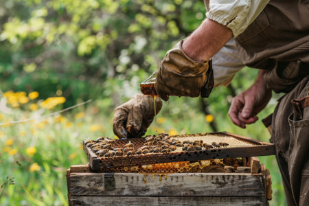 Beekeeper extracting a frame filled with honey from the beehive during the harvesting processの素材