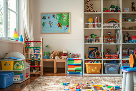 Tidy children's playroom with assorted toys, vibrant books, and dedicated play area for entertainmentの素材