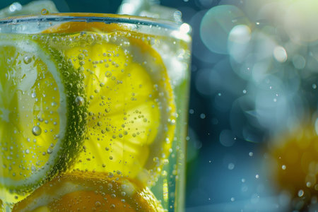 Vibrant lemon slices in yellow drink high quality image of citrus garnish in glassの素材