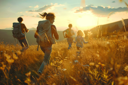 Family hiking adventure. children celebrate running ahead of parents in outdoor explorationの素材