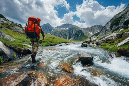 European backpacker crossing a picturesque alpine river in the serene european countrysideの素材