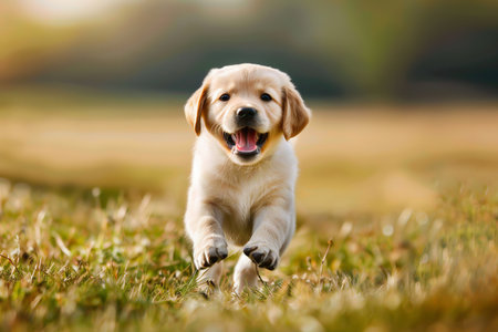 Playful labrador puppy happily running in a lush meadow, displaying its energy and natural beautyの素材