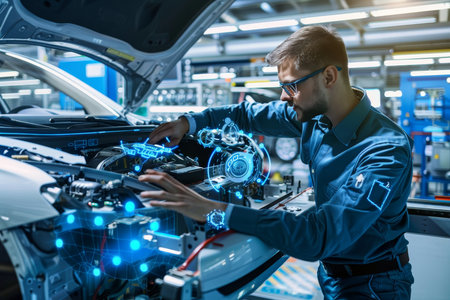 Advanced technology in car manufacturing automotive engineer at futuristic assembly lineの素材