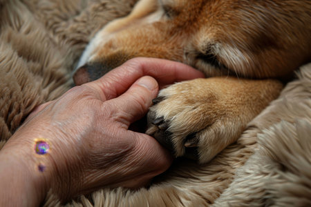 Emotional connection human hand and dog paw touch, symbolizing deep love and friendshipの素材