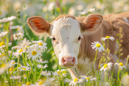 Young calf grazing in sunny daisy field serene farm animal scene with copy spaceの素材