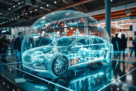 Futuristic car presentation in interactive dome with holographic displays in high tech showroomの素材