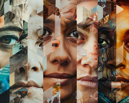 Diverse faces collage displaying varied ages, genders, and ethnicities for impactful representationの素材