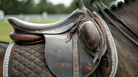 Close up of equestrian gear for summer olympic games competition, showcasing saddle and stirrupsの素材
