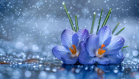 Vivid blue crocuses in raindrop tracks on a sunny spring day, creating a picturesque sceneの素材