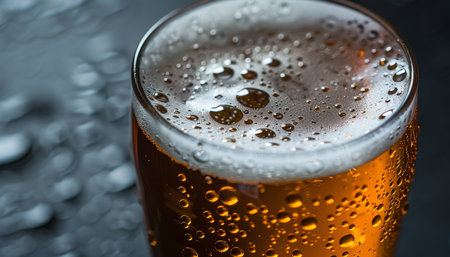 Macro shot of beer glass with frothy foam and water droplets, high quality stock photoの素材