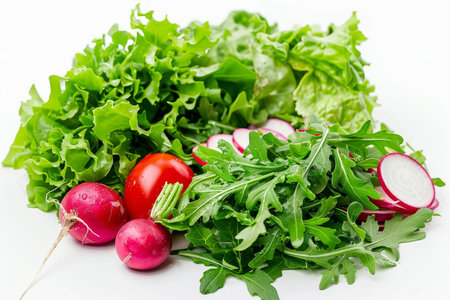 Fresh salad ingredients showcase arugula, lettuce, radish, tomato on white backgroundの素材