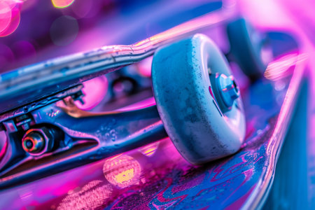 Colorful close-up of vibrant skateboard wheels and bearings under dynamic lightingの素材