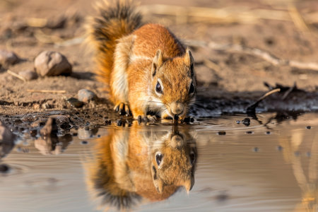 Smith bush squirrel drinking at waterhole in backlit setting, kruger national park, south africaの素材