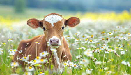 Young calf grazing in sunny daisy field, farm animal harmony spacious summer sceneの素材