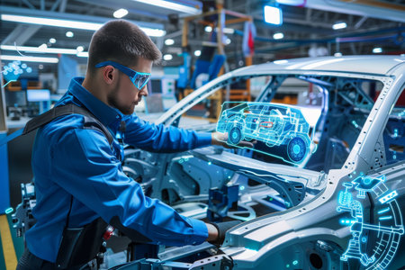 Advanced technology in car manufacturing automotive engineer on futuristic assembly lineの素材