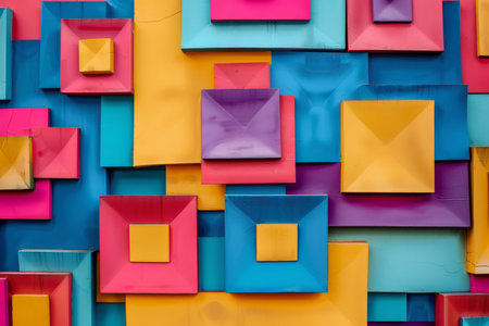 Vibrant geometric background with bright squares blocking visual space for a dynamic effectの素材