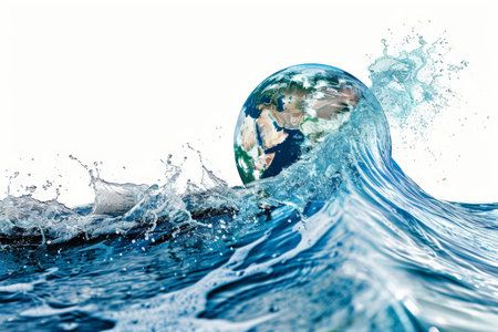 Planet earth globe in water wave. symbolizing climate change and global warming impactの素材