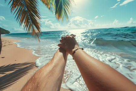 Romantic close up couple holding hands at beach, symbolizing support and love on holidayの素材