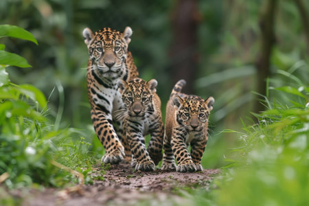 High-quality photo of jaguar family. two playful cubs with mother in natural habitatの素材
