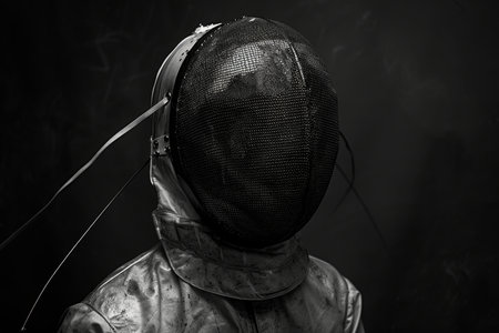 Intense fencing match sweat drenched mask post bout, emblematic of summer olympic games competitionの素材