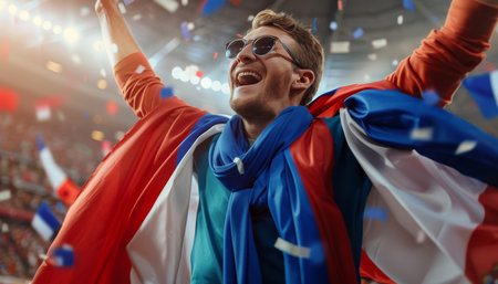 Enthusiastic French fan in flag colors at sporting event with blurry stadium backgroundの素材