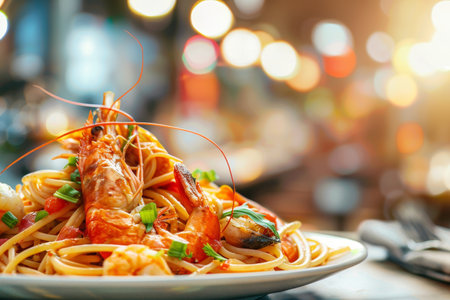 Savory seafood pasta dish on blurred restaurant setting, perfect for text placementの素材