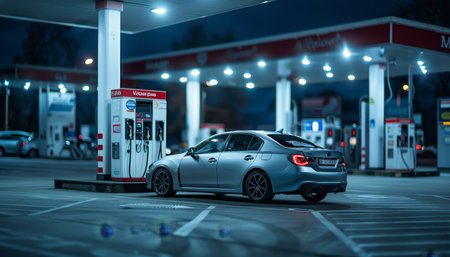 Silver metallic car refueling at night gas station close up with selective focusの素材