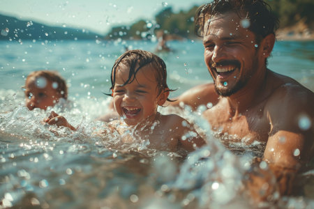Father and children having fun in the summer sea - family vacation with playful momentsの素材