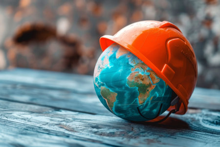 Global work safety symbol earth and helmet, world day of safety and health conceptの素材
