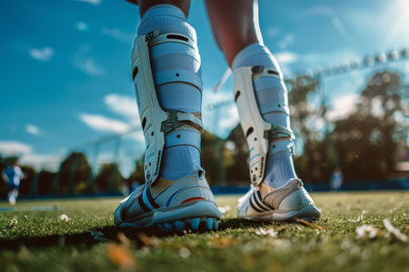 Close up of field hockey player s shin guards and cleans at summer olympic gamesの素材