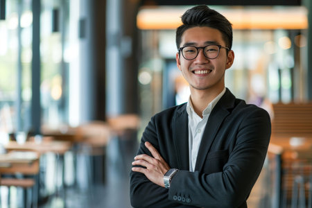 Confident hr professional portrait of a happy man with arms crossed, symbolizing career successの素材