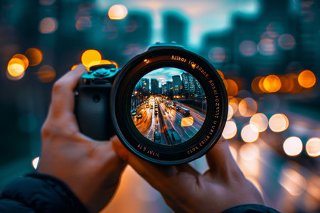 Vibrant cityscape reflections with nikon d850 through lens, blurred urban skyline backgroundの素材