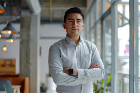 Latin businessman using smartphone in office, pondering mobile solution in coworking spaceの素材