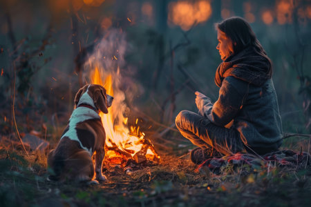 Woman and beagle dog enjoying the warmth of a campfire in a high quality image, cozy outdoor sceneの素材