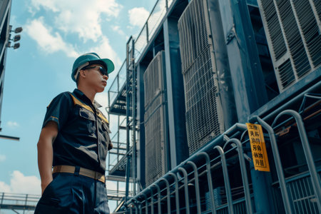 Industrial hvac engineer inspecting cooling tower chiller for large building air conditioning systemの素材