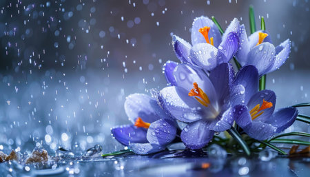 Blue crocuses reflected in raindrops, high quality photo capturing the beauty of spring flowersの素材